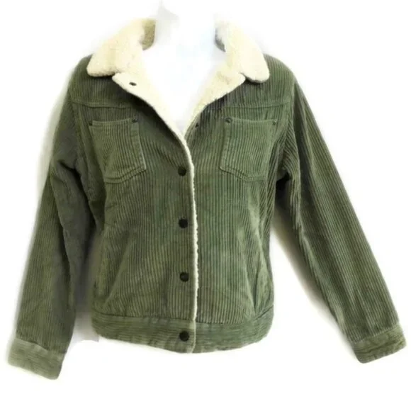 Vintage Big Chill Jacket Corduroy Sherpa 90s Button Snaps Green Pockets S